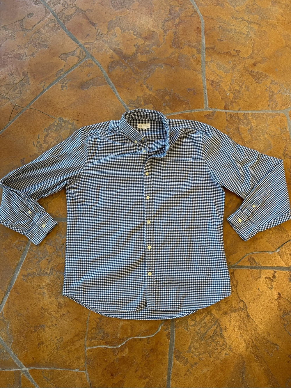GAP Standard Fit Stretch Blue White Check Button-Down Oxford Shirt - L
